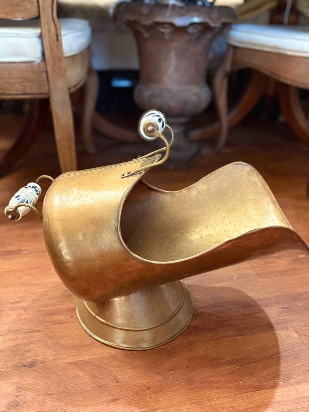 Brass Coal Scuttle with Ceramic Handles - Brass